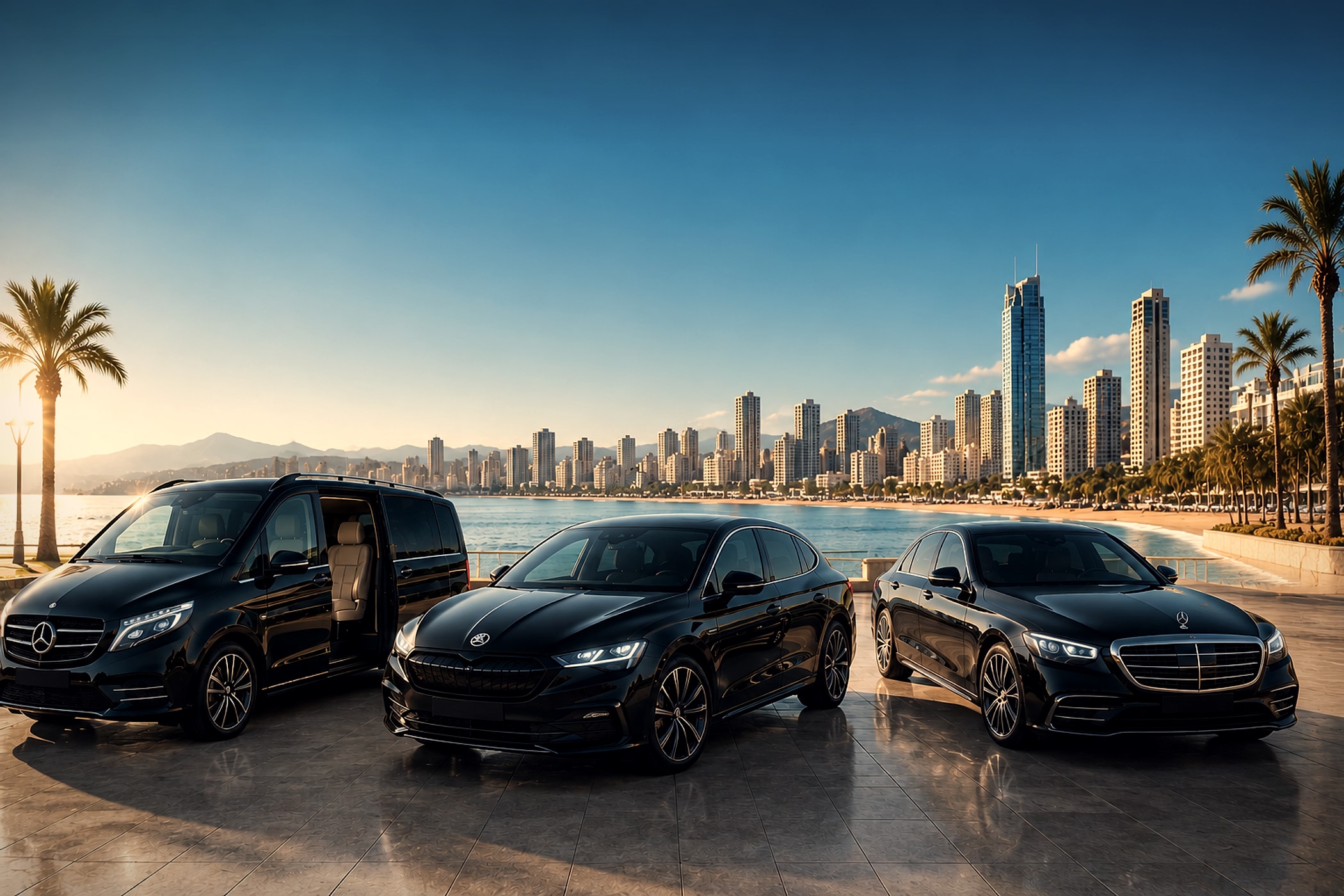Flota de vehículos privados negros de TaxiTransfersAlicante frente al skyline de Benidorm